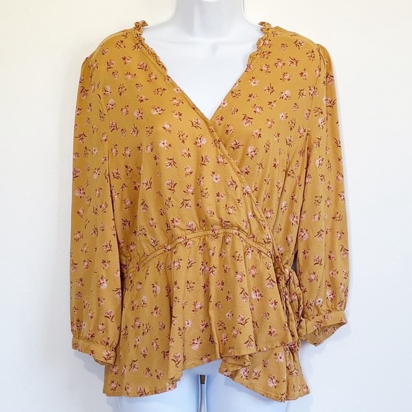 Lucky Brand Tops - LUCKY BRAND Floral Wrap Blouse Long Sleeve Mustard Yellow Size Large